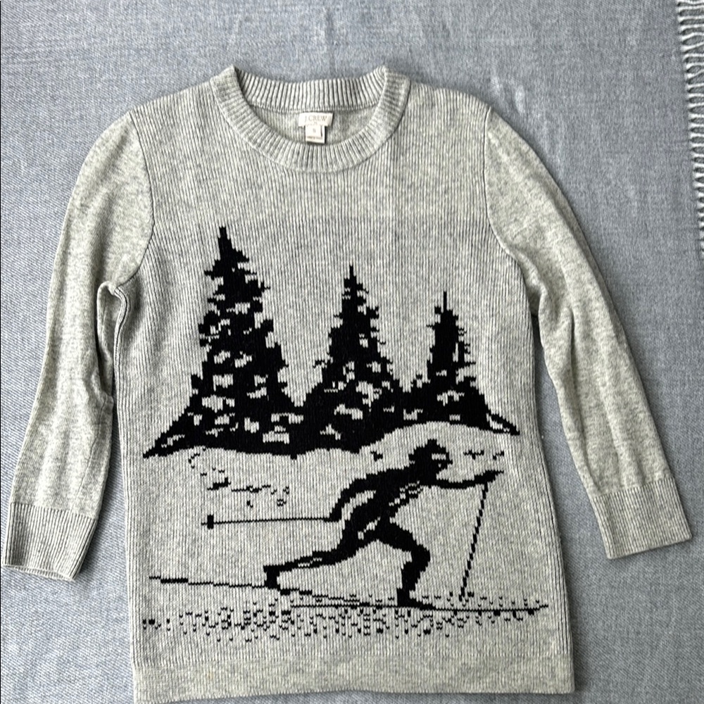 J. Crew Gray and Black Crewneck Sweater with Nordic Ski Design